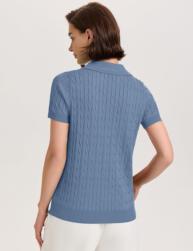 Micoson Womens Short Sleeve Sweater Tops Lapel V Neck Polo Shirts 2026 | Summer Cable Knit Loose Blouses, Business Casual Outfits