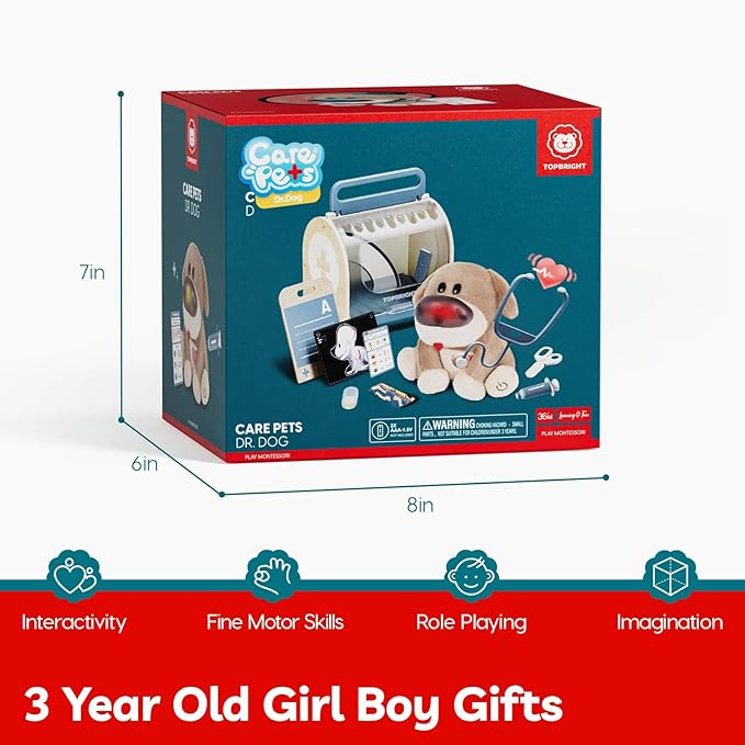 TOP BRIGHT Doctor Kit for Toddlers 3-5, Pretend Play Doctor Toys with Sounds & Reactions, Electronic Interactive Stuffed Dog Vet Kit, Pet Care Play Set Birthday Gifts for Girls Boys 3 4 5