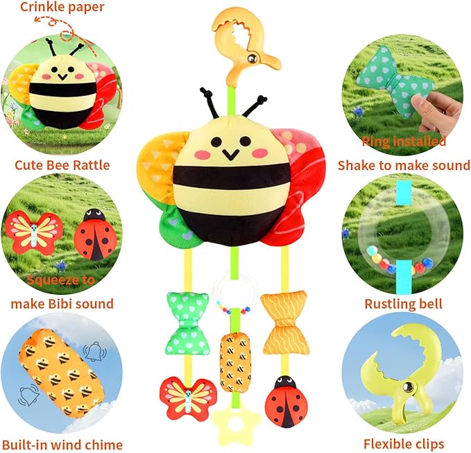 Baby Toys for 0 3 6 9 12 Months, Plush Animal Sensory Hanging Rattle,Newborn Interactive Soft Toys for Baby,Car Seat Stroller Toys Gift for Infant Boy Girl