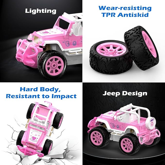 Qizebaby Pink RC Car for Girls, Remote Control Jeep Toy with LED Lights, Rechargeable Off-Road RC Truck, Gifts for Kids Girls Ages 3–7