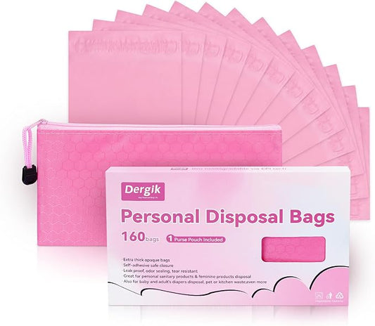 Sanitary Napkin Individual Disposal Bags, 160 Pcs Opaque Personal Care Disposable Bag, Secure Closure, Odor Control, for PadsTampons Women Period Small Trash Bag,With Pouch, Pink, Packaging May Vary