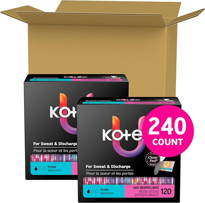 Kotex Daily Wrapped Liners, Light Absorbency, Thin, 240 Count (2 Packs of 120)(Packaging May Vary)