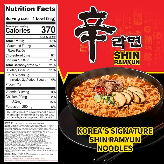 Nongshim Shin Ramyun Bowl Noodles, Spicy Korean Signature Instant Ramyun, Rich Beef Flavored Broth, Quick and Easy, Microwaveable Bowl, 3.03 oz (Pack of 12)