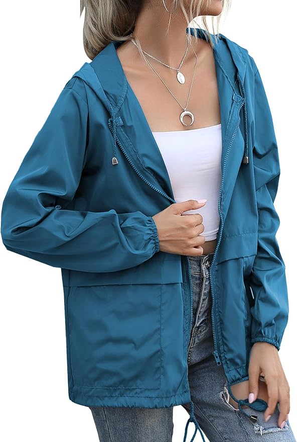 Women's Raincoats Lightweight Waterproof Windproof Adjustable Windbreaker Rain Jackets Hooded with Pockets S-XXL