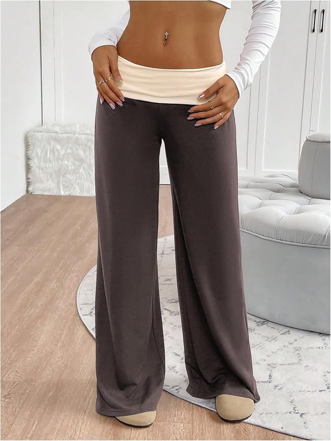 SOLY HUX Women's Sweatpants Color Block Low Rise Fold Over Waist Baggy Wide Leg Pants