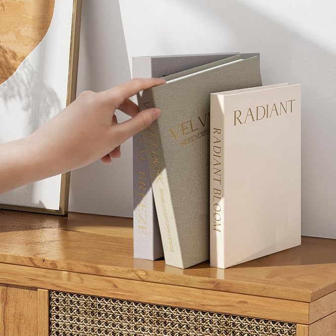Decorative Books for Home Decor, Set of 3 Neutral Linen Storage Boxes | Linen Faux Book Boxes with Hidden Storage for Coffee Table, Bookshelf, Mantel, Living Room Decor, Photo Storage& Keepsake Box