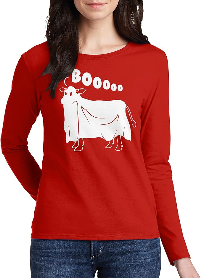 Threadrock Women's Cow Ghost Saying Moo Long Sleeve T-Shirt