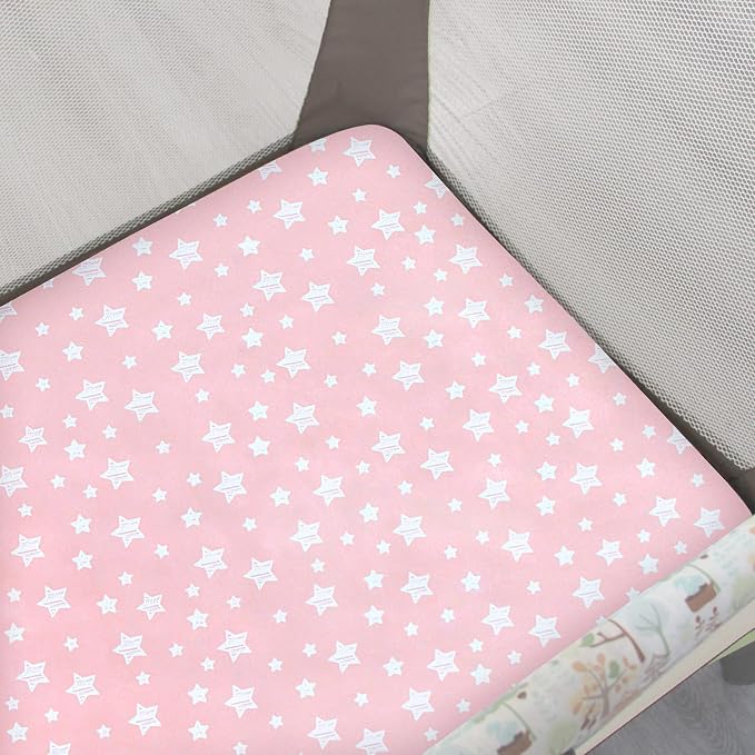 Pack and Play Sheets Girl, Mini Crib Sheets, Stretchy Pack n Play Playard Fitted Sheet, Compatible with Graco Pack n Play, Soft and Breathable Material, Grey & Pink