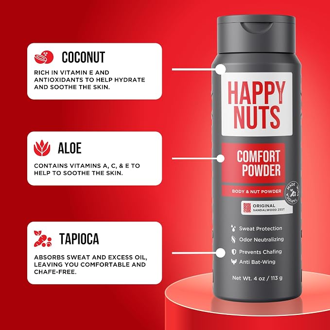 HAPPY NUTS Comfort Powder Deodorant For Men: Anti-Chafing, Sweat and Odor Control for Jock Itch, Aluminum-Free, Ultimate Gift for Men's Private Parts 4 oz (1 Pack), Original Scent