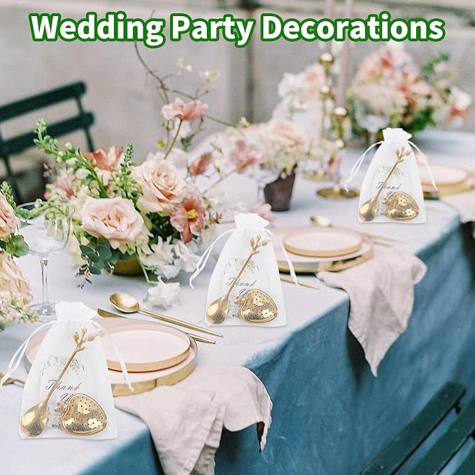 50 Sets Bridal Shower Tea Party Favor for Heart Shape Infuser Ball for Loose Guest Leaf Tea Spoon with Thank You Card Organza Bag Wedding Favors Tea Party Decorations Elegant Party Favors(Gold)