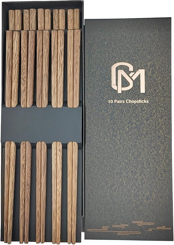 M.G Reusable Wenge Wood Chopsticks - 10 Pairs Dishwasher Safe, 9.8 Inch for Chinese/Japanese/Korean Cuisine (Sushi, Ramen, Hot Pot)