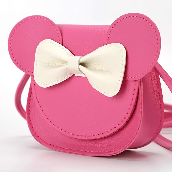 Little Mouse Ear Bow Crossbody Purse,PU Shoulder Handbag for Kids Girls Toddlers(Rose Pink)