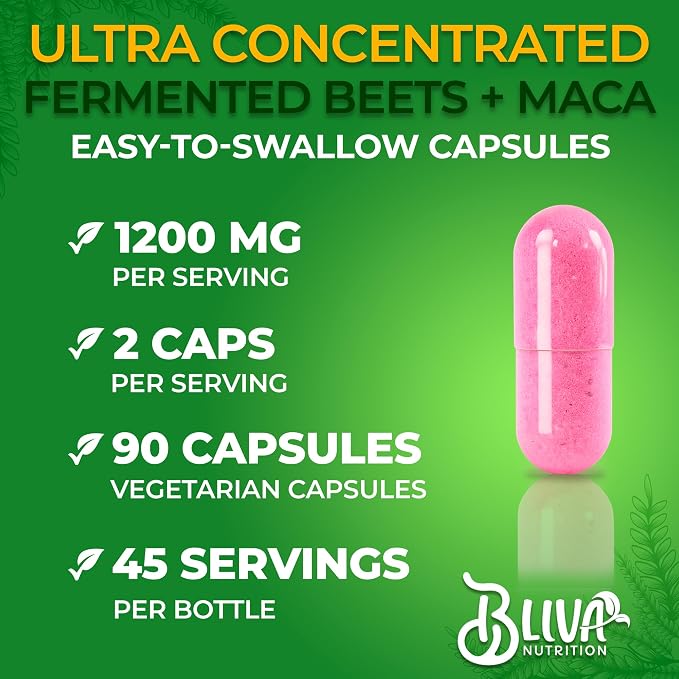 BLIVA Organic Fermented Beet Root with Maca Capsules - 1200mg - Beetroot Hight Potency Extract Powder Pills - Beets Supplements and Maca - Healthy Energy & Circulation Support Supplement - 90 Capsules