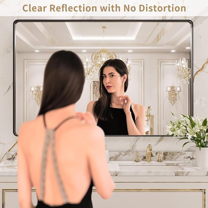 LOAAO 48X40 Inch Black Bathroom Mirror Metal Framed | Matte Black Bathroom Vanity Mirror, Rounded Rectangle , Anti-Rust, Tempered Glass, Hangs Horizontally or Vertically