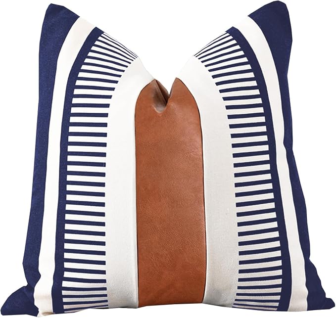 Farmhouse Throw Pillow Covers for Couch Sofa Decorative Faux Leather Square Cushion Cover Tribal Stripe Accent Pillow Case 18 x 18 Inch, Navy Blue