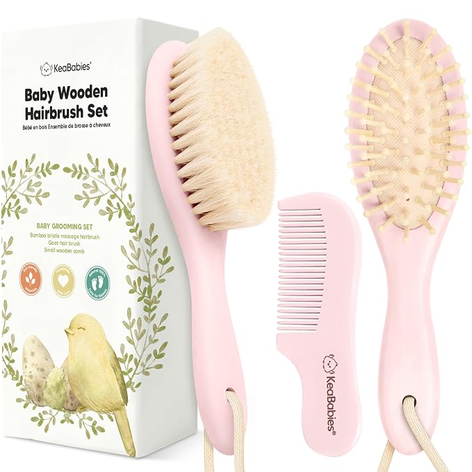 Wooden Baby Hair Brush Set for Newborns, Toddlers - Soft Goat Bristle Baby Brush and Comb Set Newborn Grooming Kit for Cradle Cap Care, Durable & Gentle, Boy, Girl Infant Essentials (Regular, Blush)
