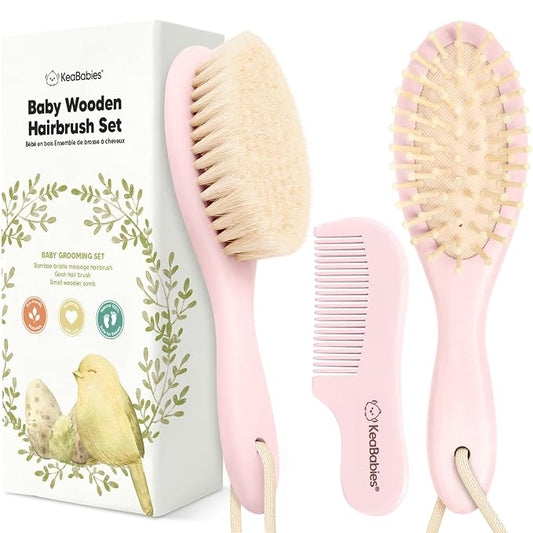 Wooden Baby Hair Brush Set for Newborns, Toddlers - Soft Goat Bristle Baby Brush and Comb Set Newborn Grooming Kit for Cradle Cap Care, Durable & Gentle, Boy, Girl Infant Essentials (Regular, Blush)
