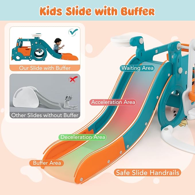Costzon 6 in 1 Toddler Slide and Swing Set, Mini Bus Indoor Outdoor Baby Swing with Basketball Hoop, Crawling Tunnel, Kids Climber Playset for Boys and Girls Backyard Playground Gifts Presents