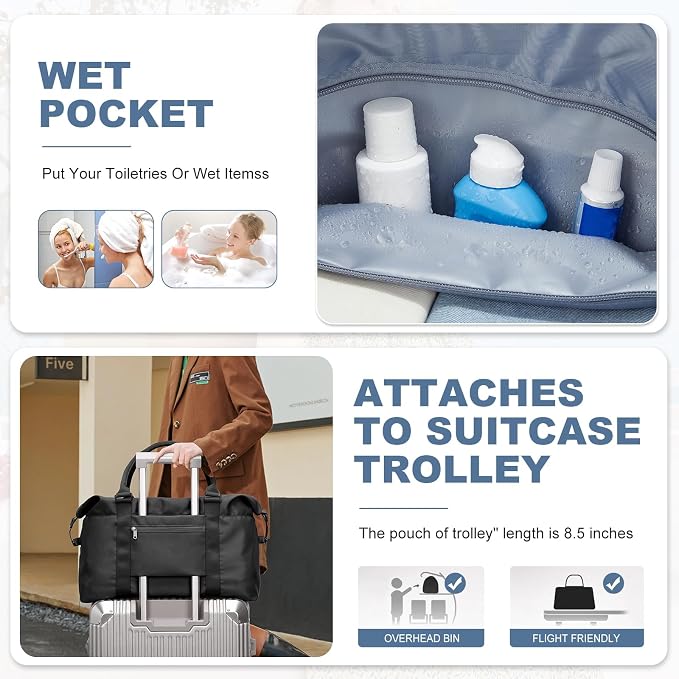 Travel Duffel Bag, Carry On Overnight Weekender Bags for Women | Travel Bag with Wet Pocket & Trolley Sleeve, For Spirit Airlines 18x14x8 Personal Item Bag