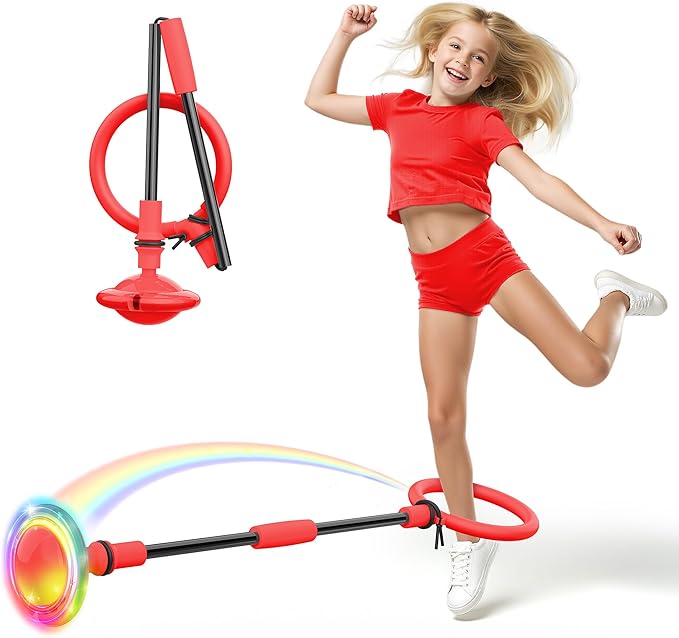 Ankle Skip Ball for Kids, Foldable Colorful Light Flash Wheel Skip Ball for Adults, Indoor Outdoor Game Toys for Kids Girls Boys, Gift for Girls, Boys Ages 5 6 7 8 9 10 11 12 Years Old- Red