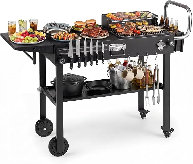 Happygrill Outdoor Grill Cart w/31” x 17” Tabletop for Blackstone Griddle | Foldable Grill Table w/Side Tray, Magnetic Tool Rack, Bottle Opener, Oil Mat, Hooks, BBQ Pizza Oven Table for Camping