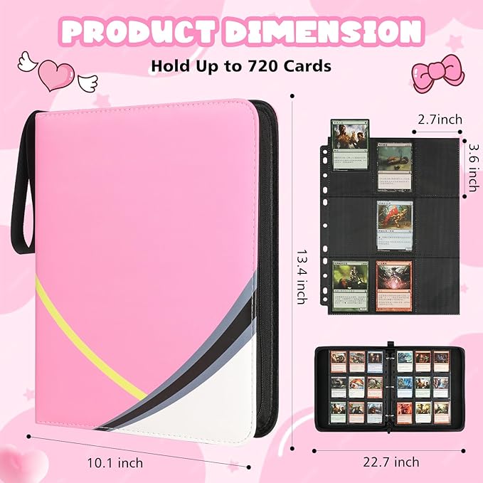 9 Pocket Card Binder for Pokemon Card, 720 Pockets Card Binder Holder with 40 Removable Sleeves, 3-Ring Zip Design Trading Card Albums for MTG/TCG/Sport Collectible Gifts for Boys and Girls (Pink)