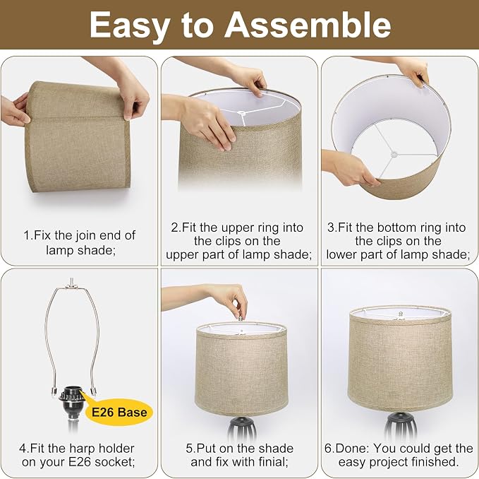 Drum Lampshades Set of 2, 11.6"Top x 12.6"Bottom x 9.8"High, Brown | Fabric Lampshades for Table Lamps Floor Lamps, Medium Lamp shades for Bedroom, Spider, Harp Holders Included, Easy Assembly