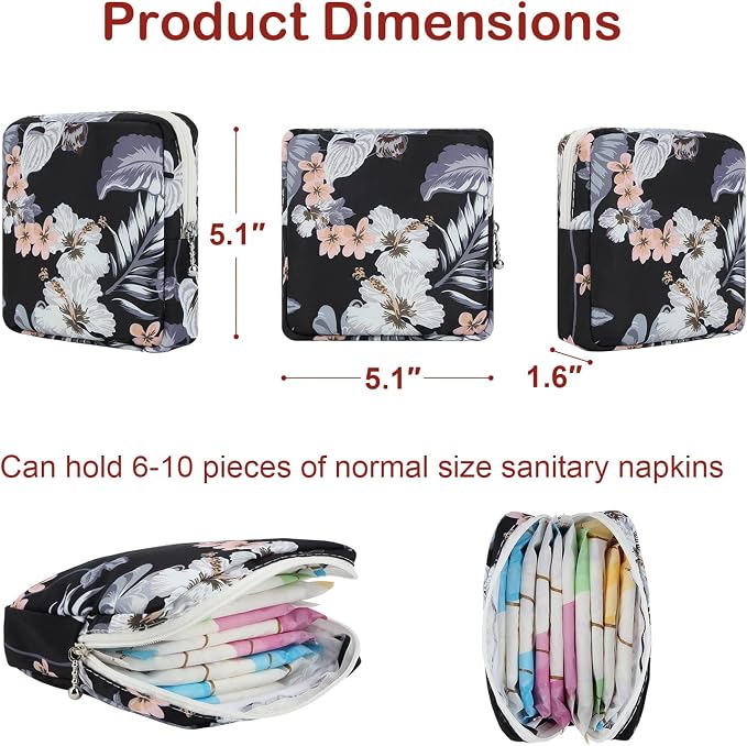 Sanitary Pad Storage Bag Portable Period Bag for Teen Pads/Sanitary Napkins/Small Tampons, Sanitary Napkin Storage Bag First Period Gifts for Teen Girls (Flower)