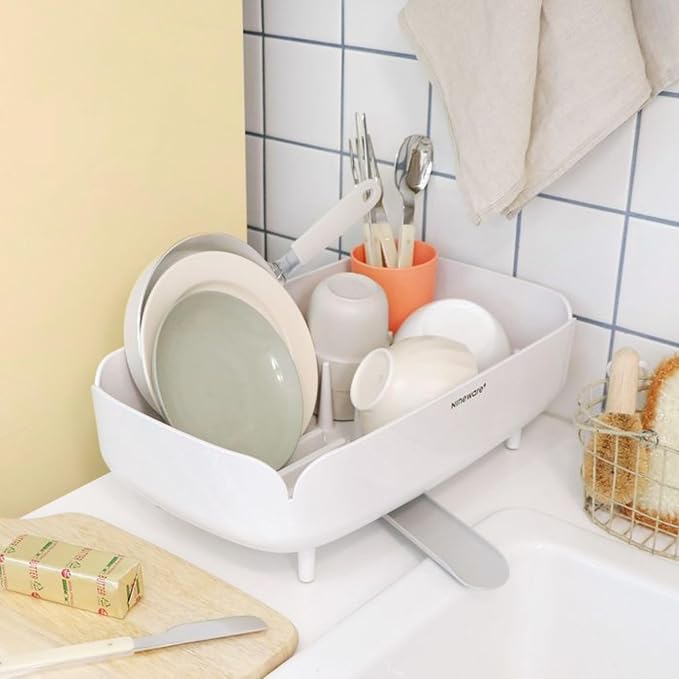 Small Dish Drying Rack for Kitchen Counter, Compact Dish Drainer with Drainage Spout & Spoon Holder, Space-Saving Drying Rack for Small Kitchens, Apartments & RVs, Made in Korea (Coral)