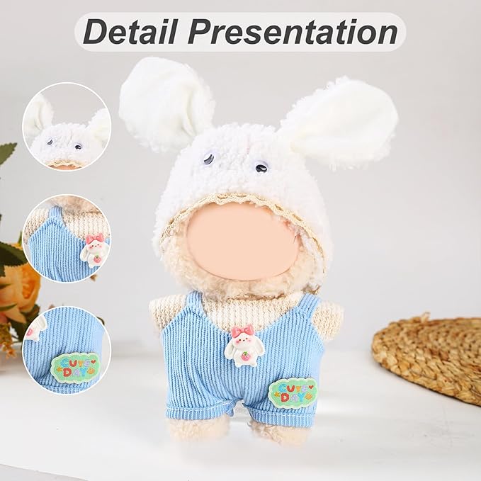 17cm Doll Clothes Set (No Doll) – Outfit with Hat & Overalls, Handmade Accessories for Mini Dolls, OB11-Compatible Dress-Up Gift (White Rabbit)