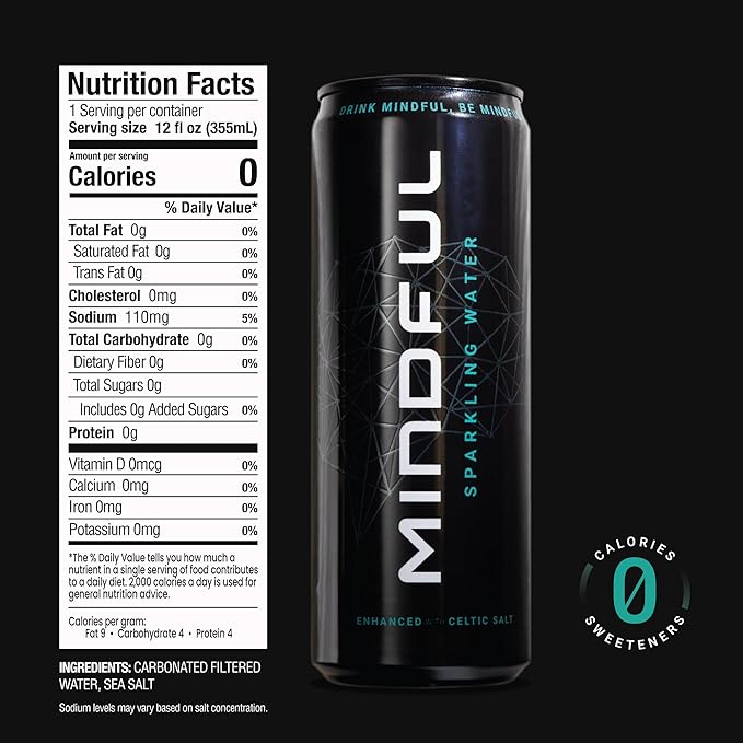 Mindful Sparkling Water by Shawn Ryan, Carbonated Water and Celtic Salt, Sugar Free Beverage with Natural Electrolytes, Zero Calories, Clean Hydration, No Sweeteners, Unflavored, 12 FL OZ (12 Pack)
