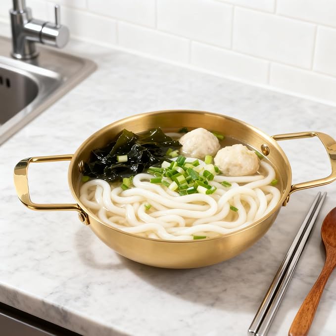 Korean Ramen Cooking Pot with Double Handle, Stainless Steel Noodle Pot, Convenient Cooking Pot for Soup Small Hot Pot (18cm/7.1in (Golden Color))