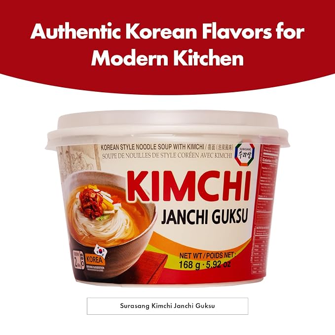 Surasang Kimchi Janchi Guksu Korean Thin Noodle Soup Bowl | Authentic Kimchi Broth, Non-Fried Noodles, Microwave Ready in 2 Minutes, 5.92 oz, Pack of 6