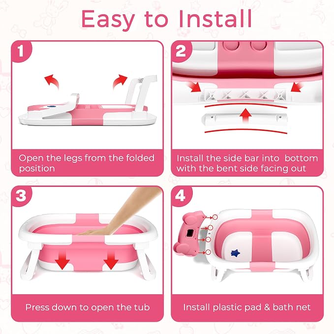 BUNWAG Baby Bathtub, Collapsible Newborn Bathtub for Infant to Toddler with Soft Cushion and Thermometer, Travel Newborn Tub with No-Slip Feet, Baby Shower Gifts, 0-12 Months Baby Bath, Rose Pink