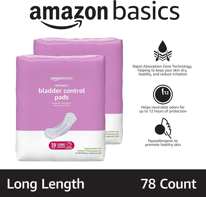 Amazon Basics Incontinence Pads for Women, Postpartum, Long, Maximum Absorbency, Bladder Control, Unscented, 78 Count (2 Packs of 39)