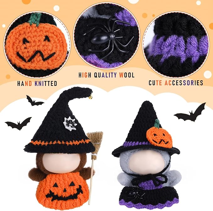 Sumind 2 Sets Halloween Doll Clothes for 17cm Dolls Cute Pumpkin Outfit with Witch Hat Skirt & Broom Accessories Spooky Costume for 6-7 Inch Fashion Dolls Collection(No Doll)