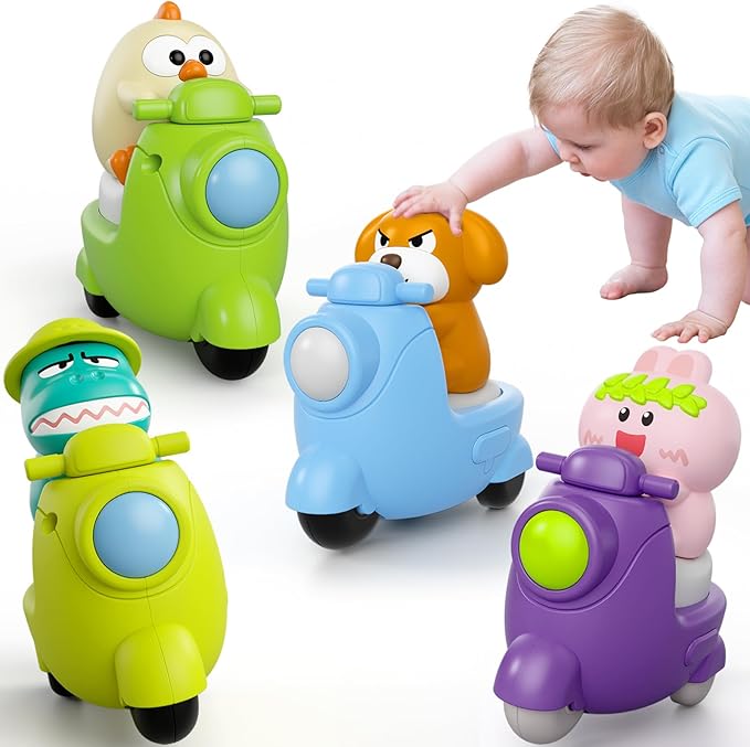 Press and Go 4-Pack Animal Car Toys for Toddlers 1-3, Dinosaur Toys Push Cars for 1 Year Old Boys Girls - Baby Toys 12-18 Months, Safe Push & Go Vehicles for 1st Birthday Gifts & Christmas.