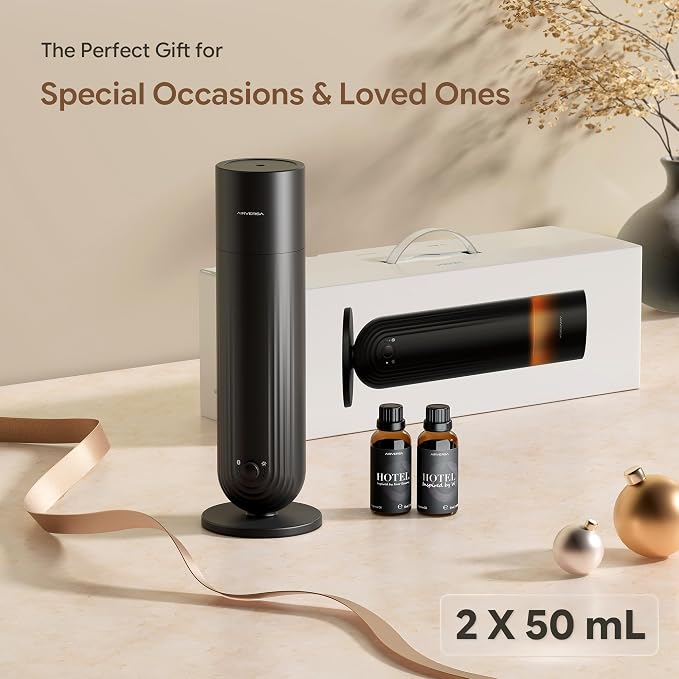 Airversa U1 Smart Tower Waterless Diffuser Starter Kit for Room, Black | 2x50ml Hotel Scent Fragrance Oil, Up to 1200 sq ft, App Control, Cold Air, 120mL, DC-12V/1A, Scent Air Machine, U1kit-2X50