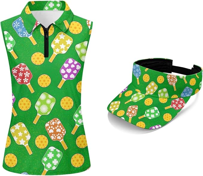 POLERO Golf Tank Top Women Golf Shirts and Visor Hat Collared Racerback Tennis Shirt Set Quarter Zip