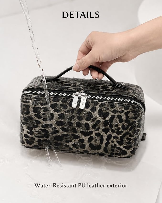 EACHY Travel Makeup Bag, Large Capacity Cosmetic Bag for Women, Waterproof PU Leather, Flat Open Portable Toiletry Bag for Skincare, Brushes & Travel Essentials