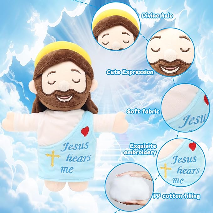 Jesus Plush 10", Jesus Plush Stuffed Doll with Halo,White-Skinned Closed-Eye Cute Jesus Plushie for Kids,Christian Stuff Religious Party Toys for Church Easter Christmas Baptisms Favors
