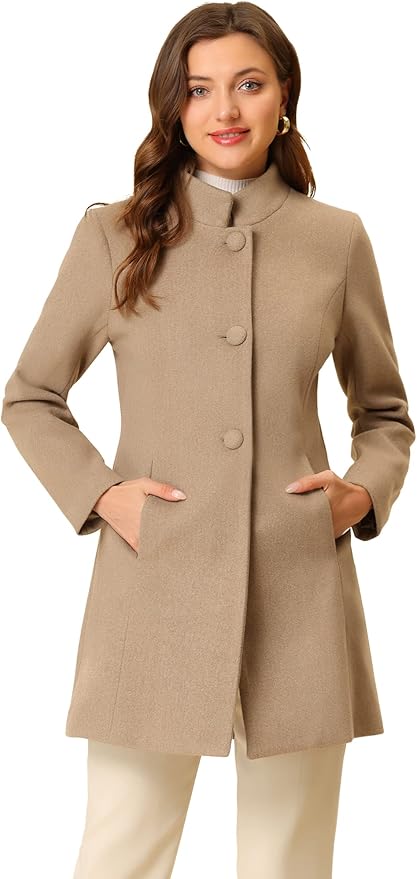Allegra K Women's Winter Overcoat Mid-Long Stand Collar Single Breasted Coat Outerwear