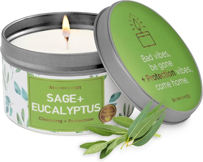 Magnificent 101 Long Lasting Sage + Eucalyptus Scented Smudge Candle - 6 Oz - 35 Hour Burn - Made of Soy Wax for Energy Cleansing & Manifestation - Fortify Life's Uncertain Path - Soy Candles