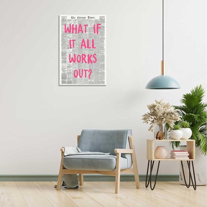 Drimiler What If It All Works Out Poster Retro Newspaper Pink Font Canvas Wall Art Positive Affirming Quote Minimalist Prints Painting For Home Bedroom Dorm Wall Decor 16x24in Wframed