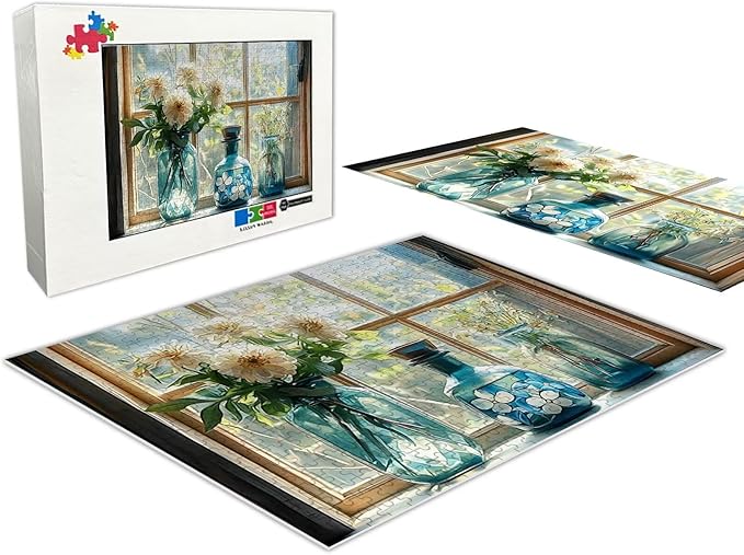 Flower Vase 1000 Piece Jigsaw Puzzle - Window Sill Landscape Beautiful Artwork - Perfect for Jigsaw Lovers to Relax and Show Off!