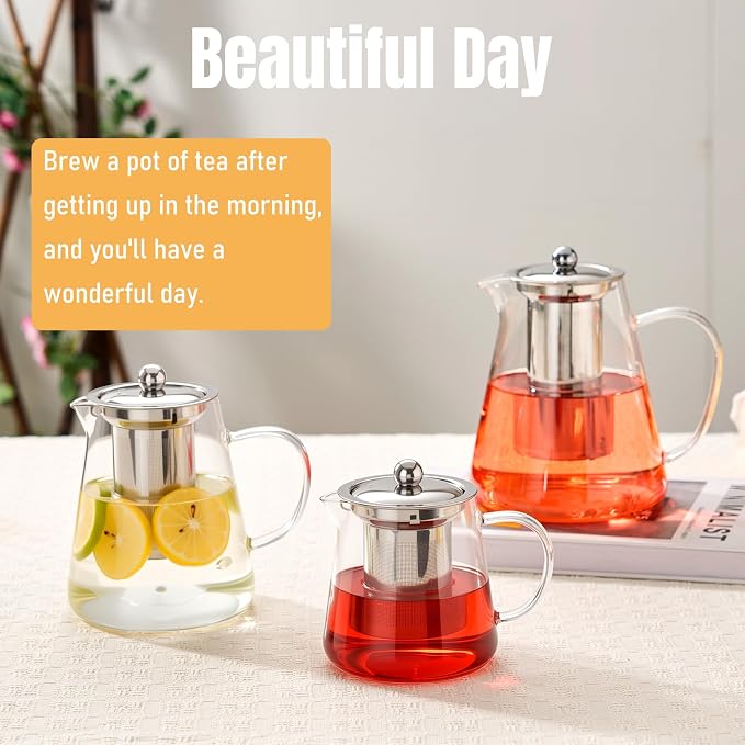 Baalaka Glass Teapot 44oz/1300ml, Tea Pot with Removable Infusers for Loose Tea, Borosilicate Glass Tea Kettle Tea Maker Stovetop for Camping, Tea Infuser for Loose Leaf Tea Travel