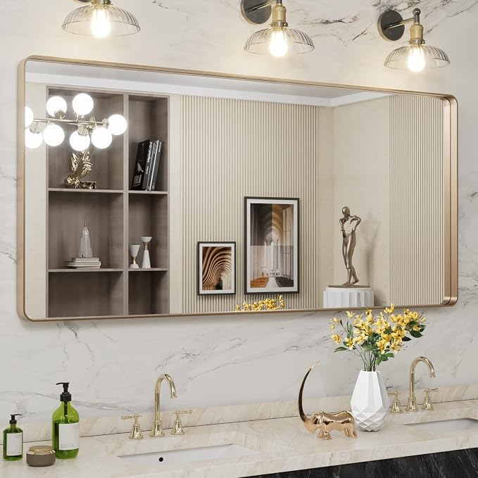 LOAAO 60”X28” Gold Bathroom Mirror, Rounded Rectangle Gold Frame Mirror, Brushed Gold Bathroom Vanity Mirror Wall-Mounted, Anti-Rust, Tempered Glass, Hangs Horizontally or Vertically | Rounded Rectangle, Brushed Gold Frame, Wall-Mounted, Anti-Rust, Tem...