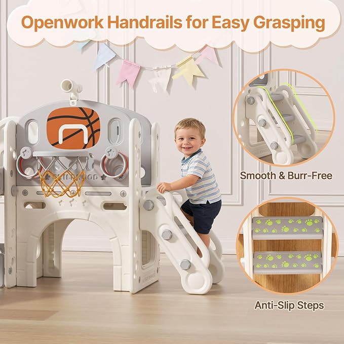 BIERUM 9 in 1 Toddler Slide, Kid Slide for Toddlers Age 1-3 with Ring Toss, Basketball Hoop, and Telescope, Indoor Outdoor Playset Playground Beige Gray