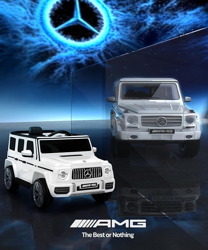 ELEMARA Licensed Mercedes-Benz AMG G63 Ride on Toys,Electric Car for Kids W/Parents Control,Electric Powered A Wagon Ride On Truck Toy,Spring Suspension,Bluetooth,Flickering Lights/LED Lights, White