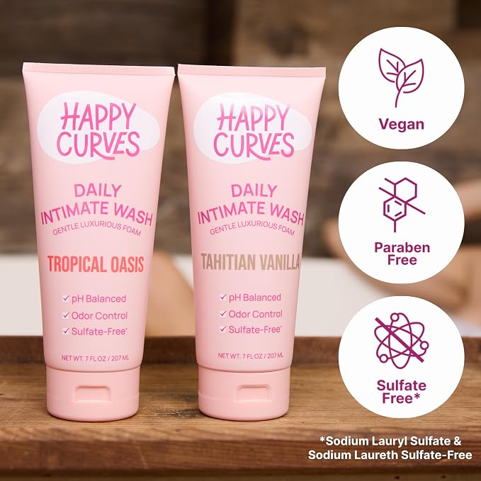 HAPPY CURVES Talc-Free Anti-Chafe Comfort Powder (Tahitian Vanilla) & pH Balanced Sulfate-Free Feminine Wash (Tropical Oasis) Bundle - Intimate Care for Women